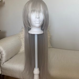 Long grey curtain bang wig
